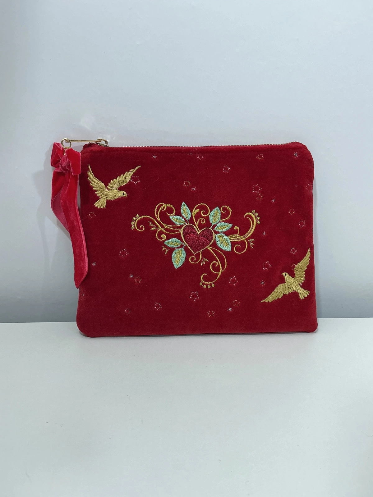 Aşka Uçan Kuşlar Kadife Clutch - Makyaj Çantası
